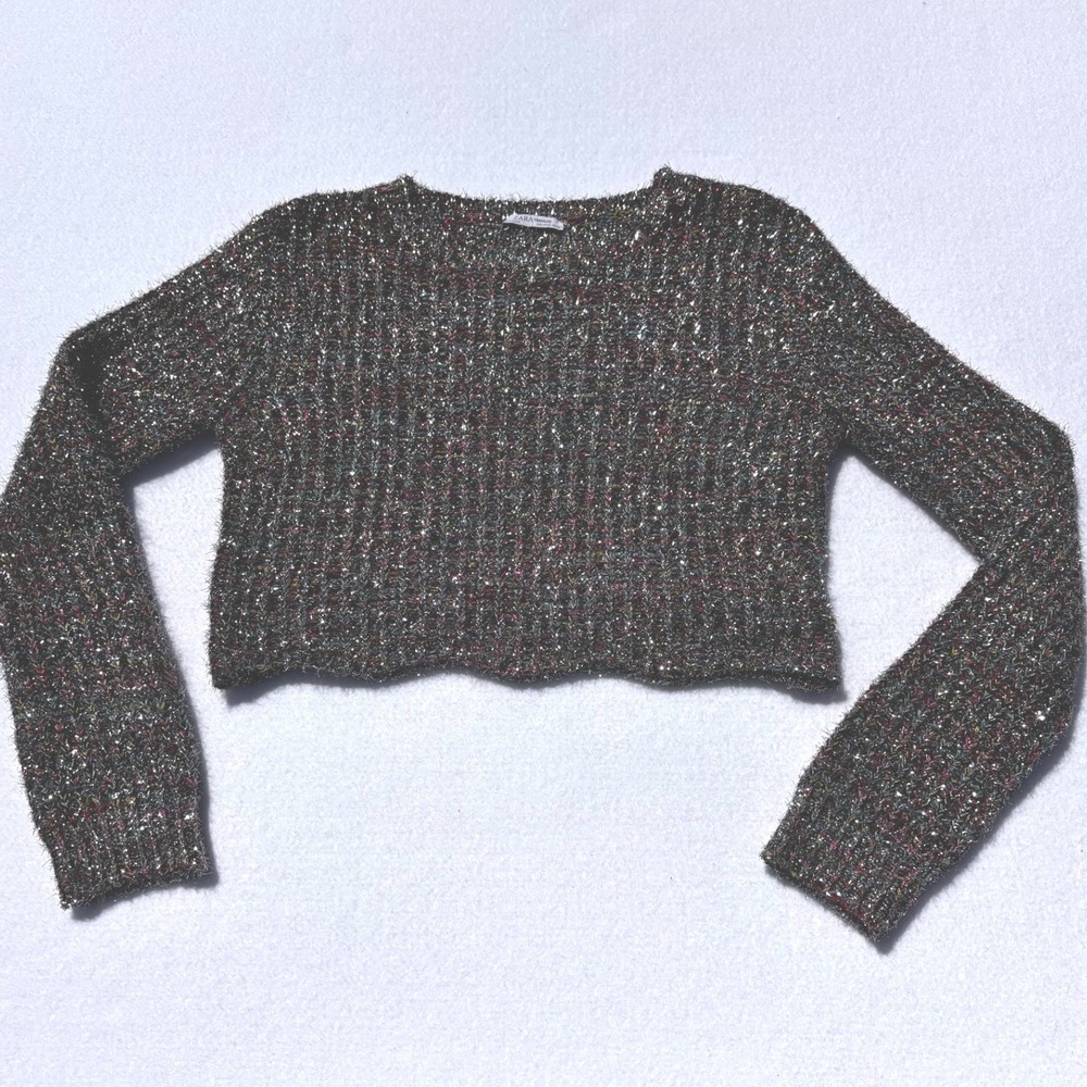Zara Trafaluc Cropped Multicolor Metallic Knit Sweater Sparkly Lettuce Hem Small